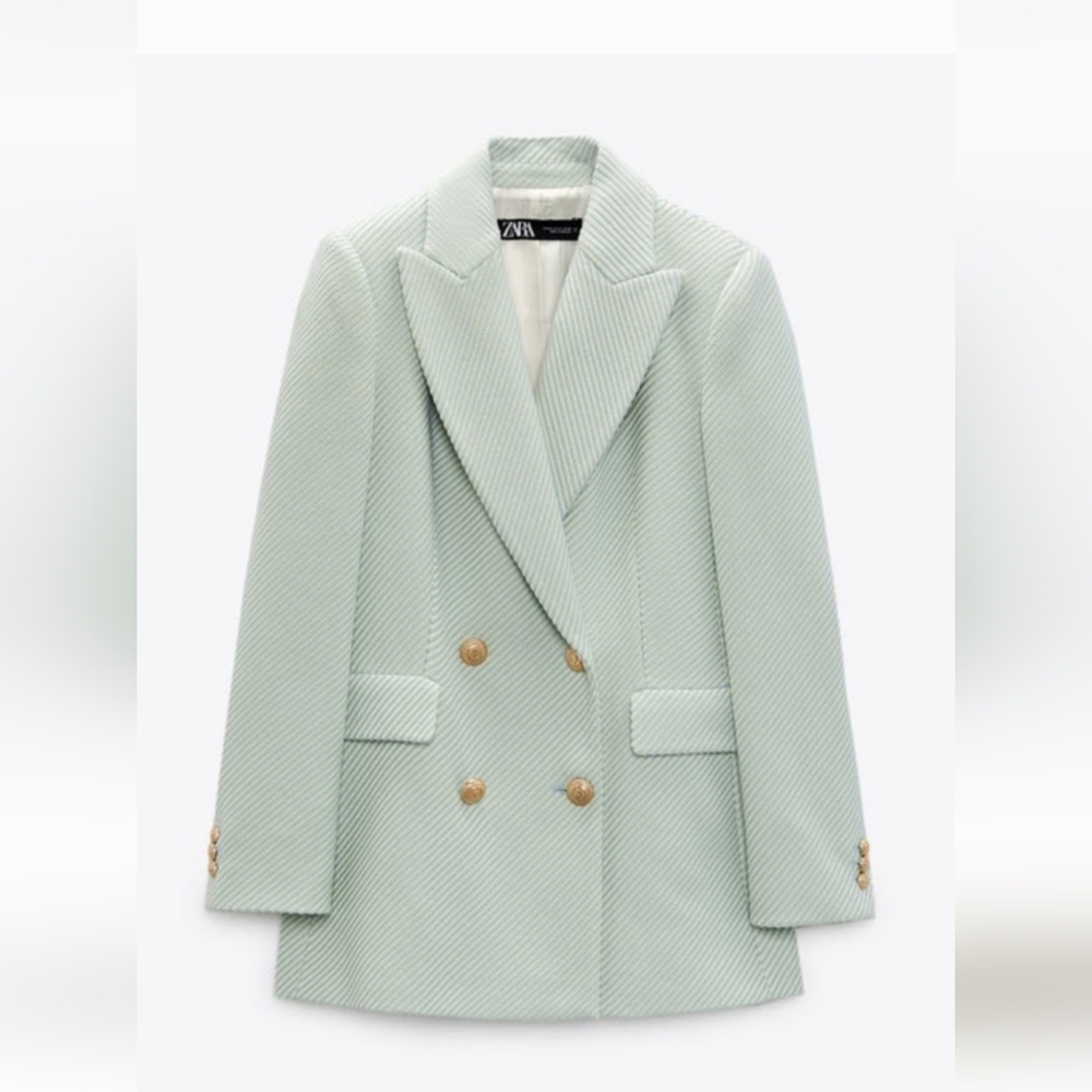 Zara double breasted blazer, light mint blue and cream stripe. Size L. NWT